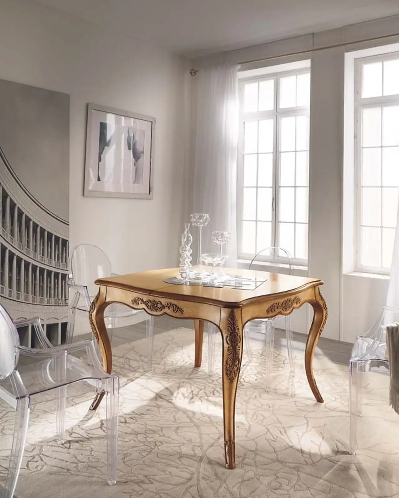 New Deco Hand-Carved Extending Table, Square, New Deco dining table by Francesco Pasi