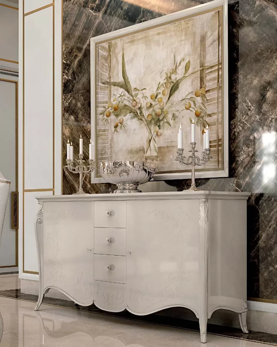 Credenza sagomata Opera, decorazione "B" intagliata, 2 ante 3 cassetti, di Francesco Pasi, soggiorno classico