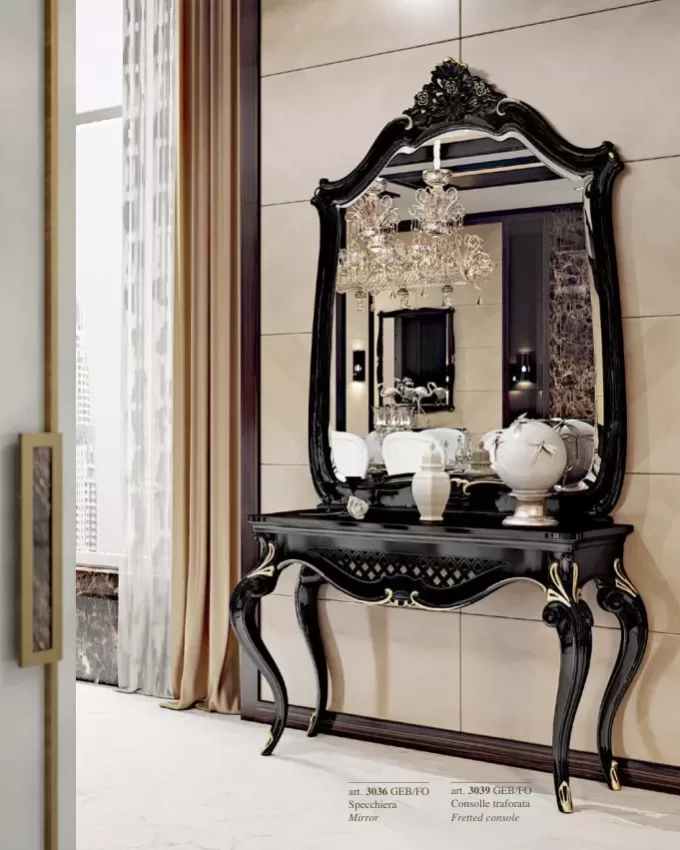 Opera Shaped Mirror by Francesco Pasi, carved mirror over a marble console table