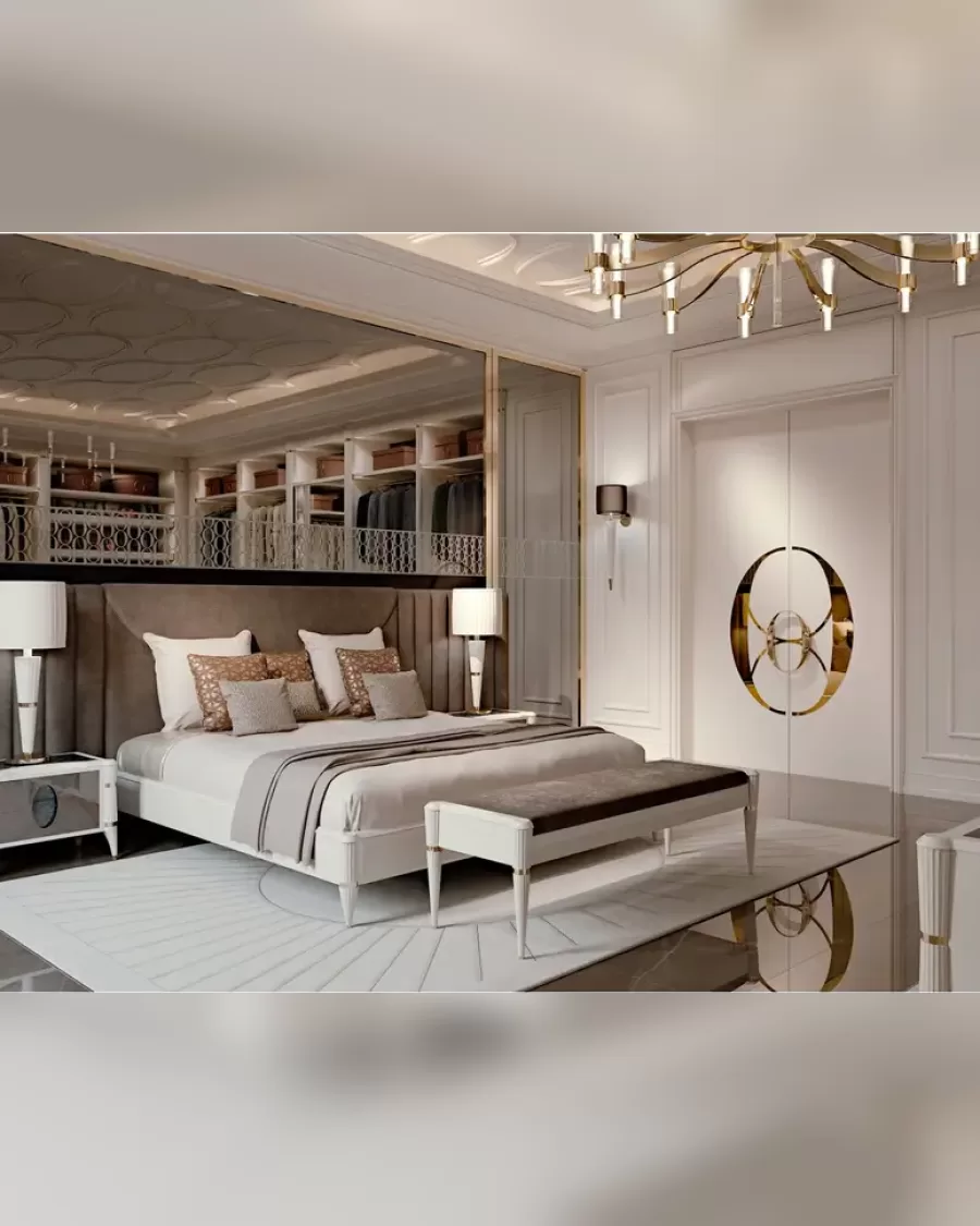 Ellipse Bed with Side Panels, bed between a pair of luxury bedside tables