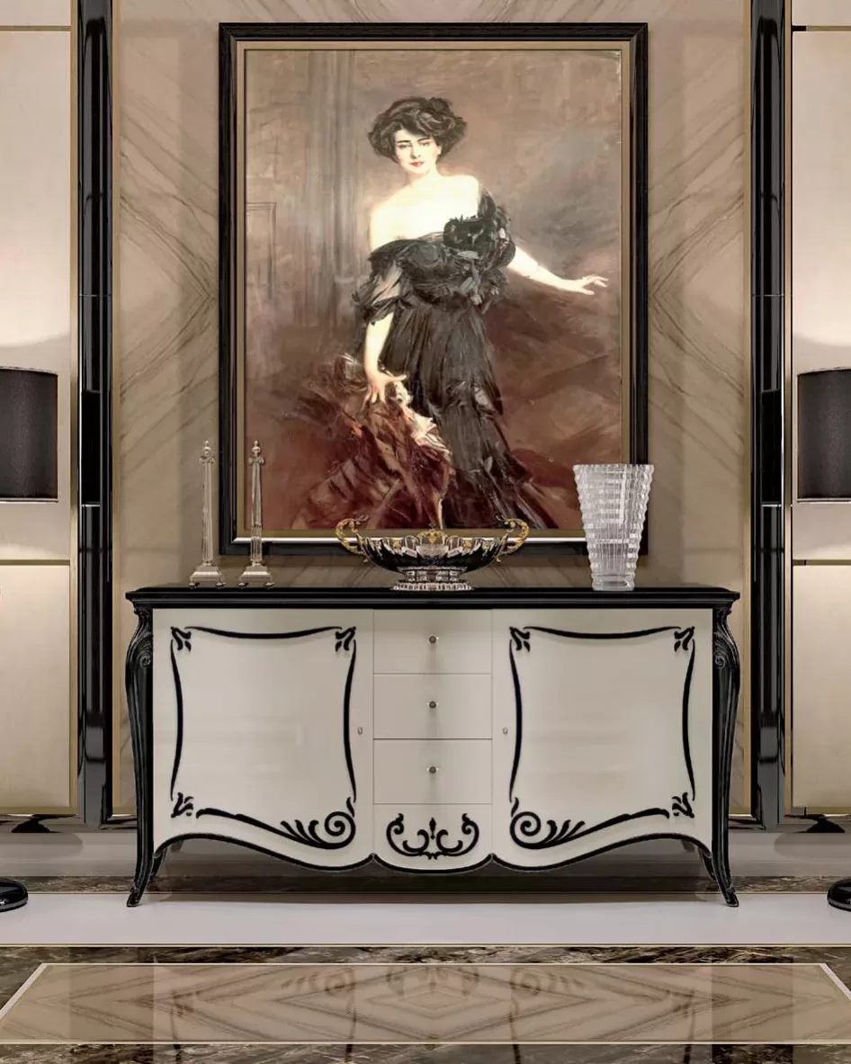 Opera Shaped Sideboard, Carved "B" Decoration by Francesco Pasi, Italian sideboard
