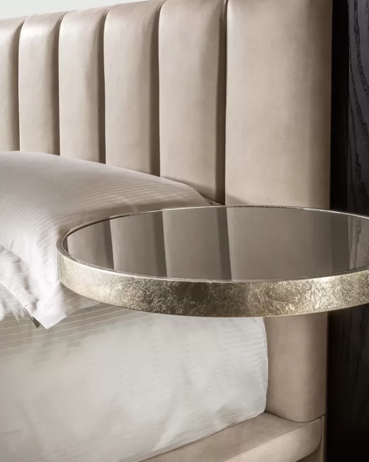 Mirage bed by Cantori, wide upholstered headboard with side panels, high-end Italian bedroom furniture