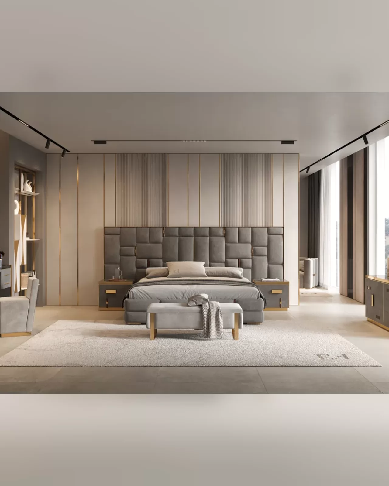 Cromo Plus upholstered bed by Epoque with steel headboard frame and buckles, luxury home furnishing