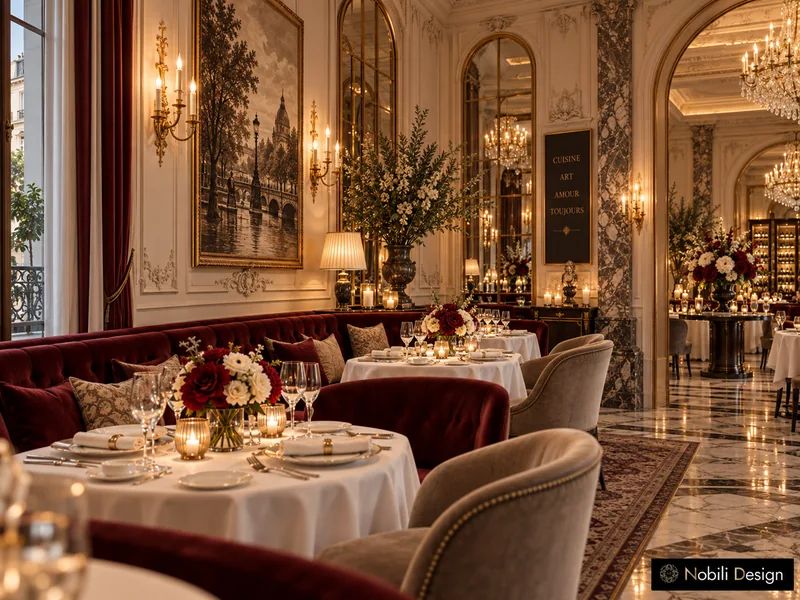 Classic restaurant design detail: burgundy velvet banquette and linen tables beside a gilded mirror