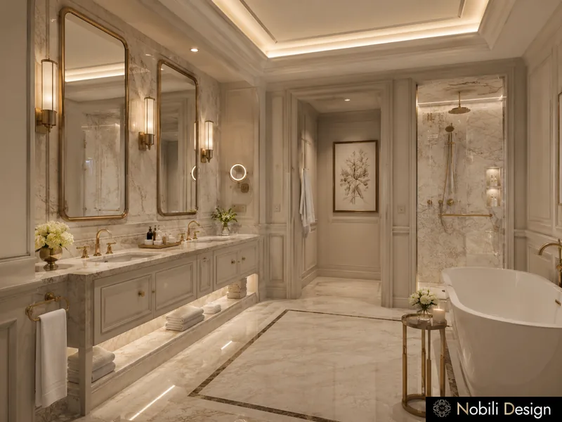 Hotel interior design of a marble bathroom with twin vanities, arched mirrors and freestanding tub