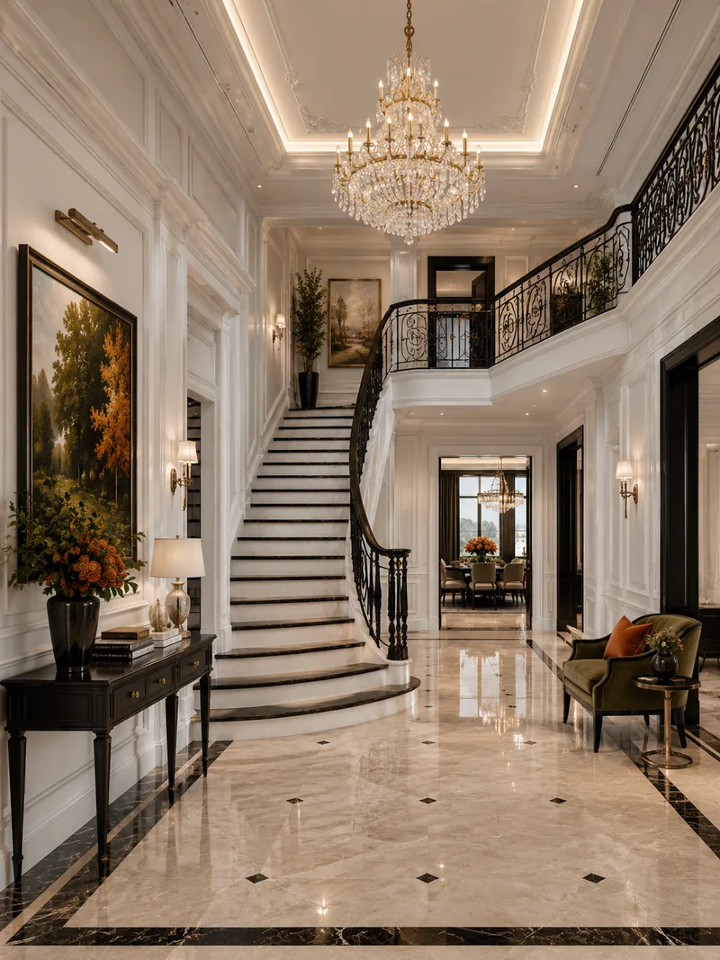 Classic entrance hall with curved white staircase, black wrought-iron balustrade and crystal chandelier
