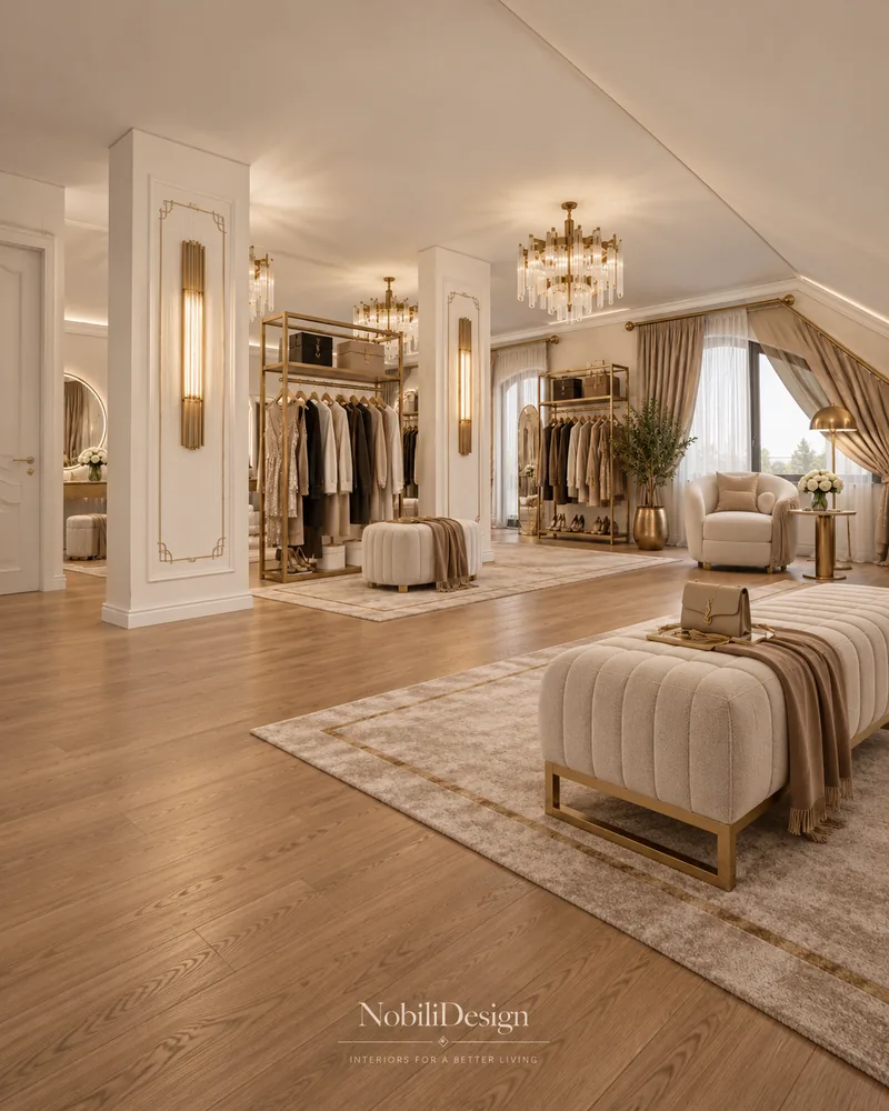 Attic dressing lounge with open brass clothing rails, crystal chandeliers and a tufted bench, high end interiors