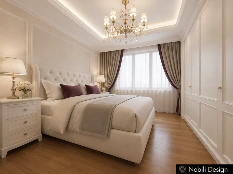 Classic bedroom with tufted ivory headboard, wall wardrobes, crystal chandelier and oak floor