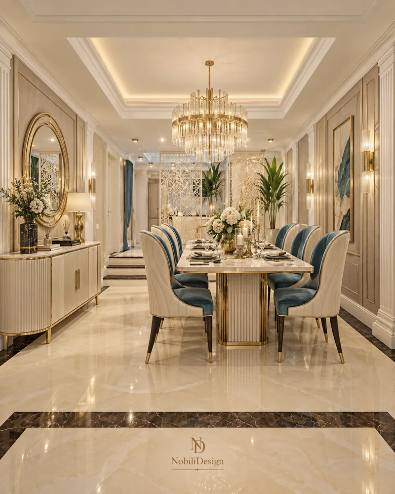 Dining room with fluted gold pedestal table, ivory and teal chairs, round gold mirror and lattice screens