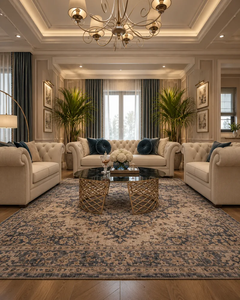 Upper living room with three ivory tufted sofas and a blue patterned rug, luxury interior design for family time