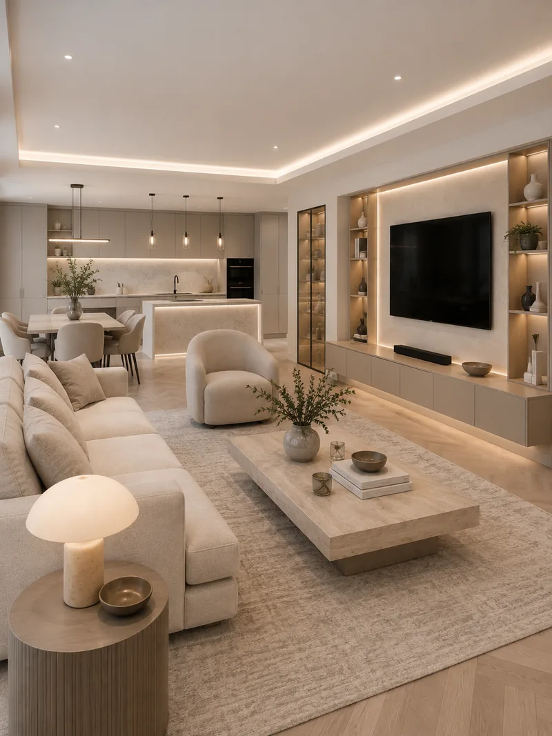 Contemporary living room with long cream sofa, stone coffee table and media wall with lit oak shelving