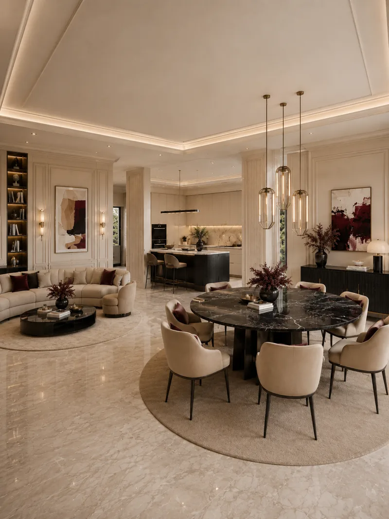 Contemporary dining area with round black marble table, cream chairs and three glass pendant lights