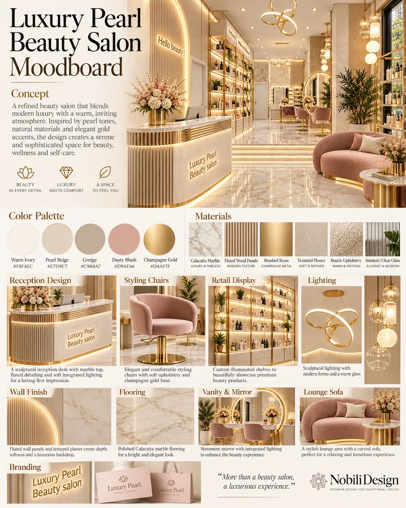 Beauty salon moodboard with blush and ivory palette, fluted reception desk, blush styling chairs and curved sofa