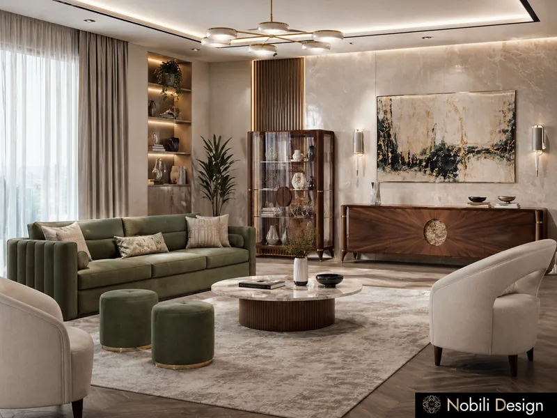 Luxury contemporary living room with sage velvet sofa, cream curved armchairs and walnut display cabinet