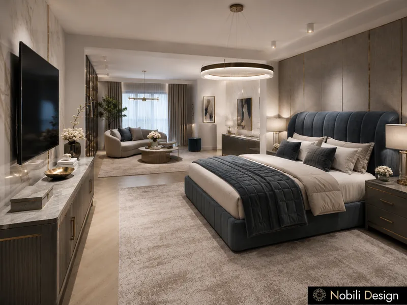 Hotel suite interior design with navy velvet bed, marble console and ring pendant