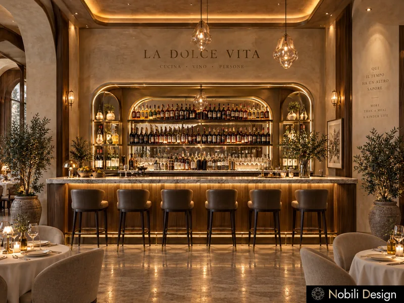 Restaurant bar design with marble counter, leather stools and lit arched shelving behind the bar