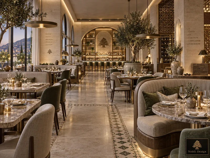 Lebanese dining room with curved booths, marble tables, olive trees and tall arched windows over the sea