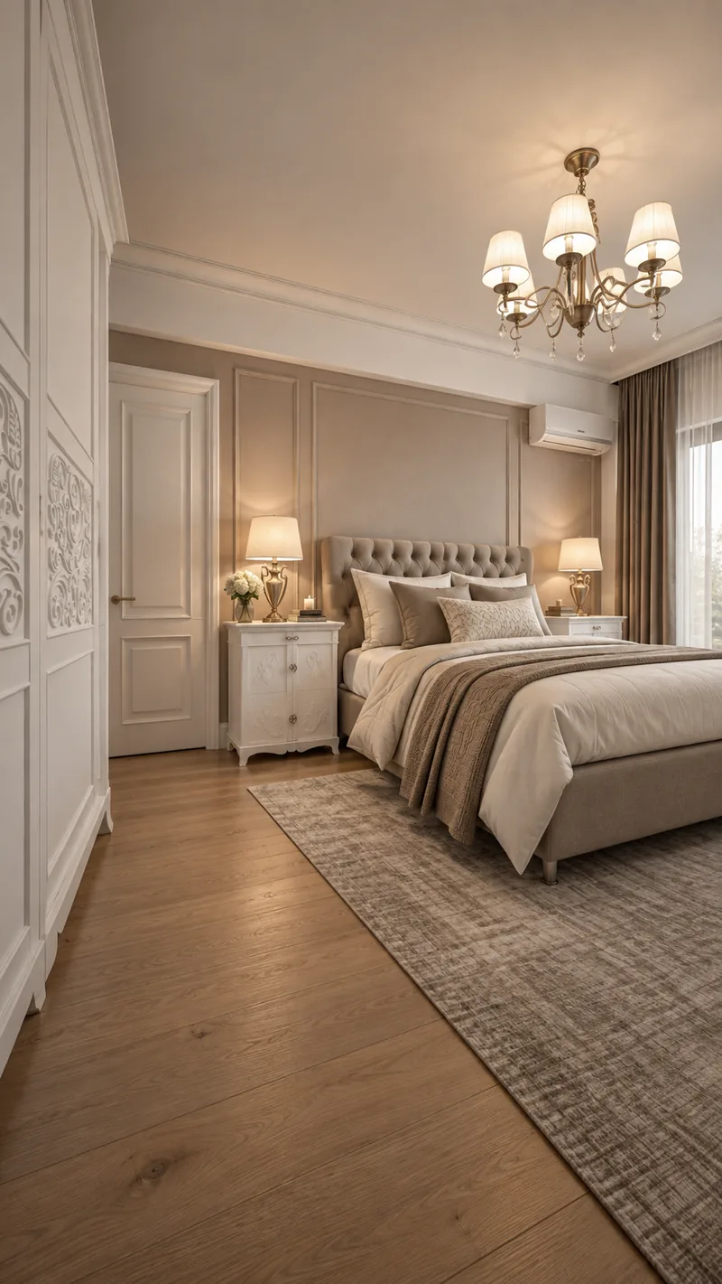 Modern master bedroom with tufted taupe bed, white carved nightstands, brass lamps and carved wardrobe