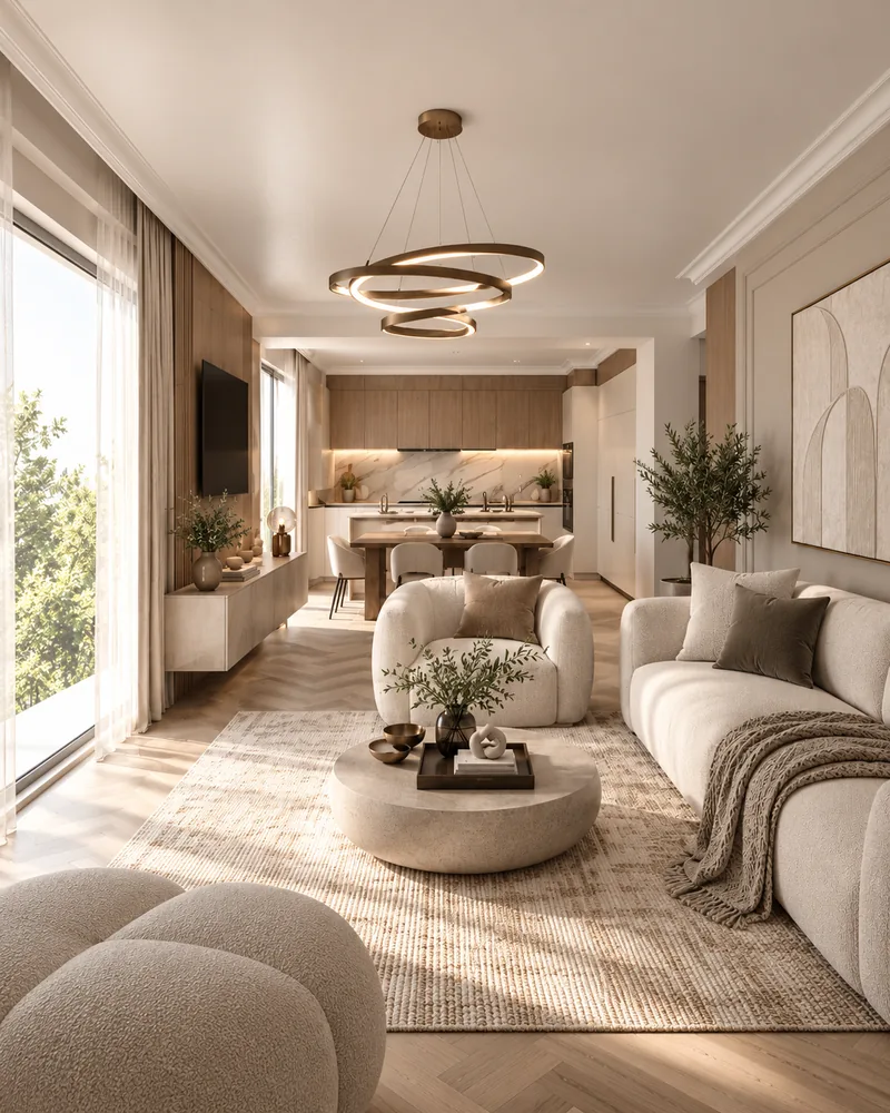 Modern living room open to the kitchen, with floating TV console and oak-and-marble cabinetry