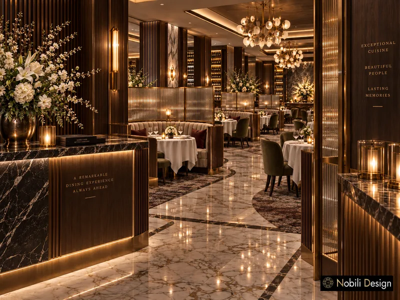Restaurant host stand design in black marble with a lit walnut front and brass trim