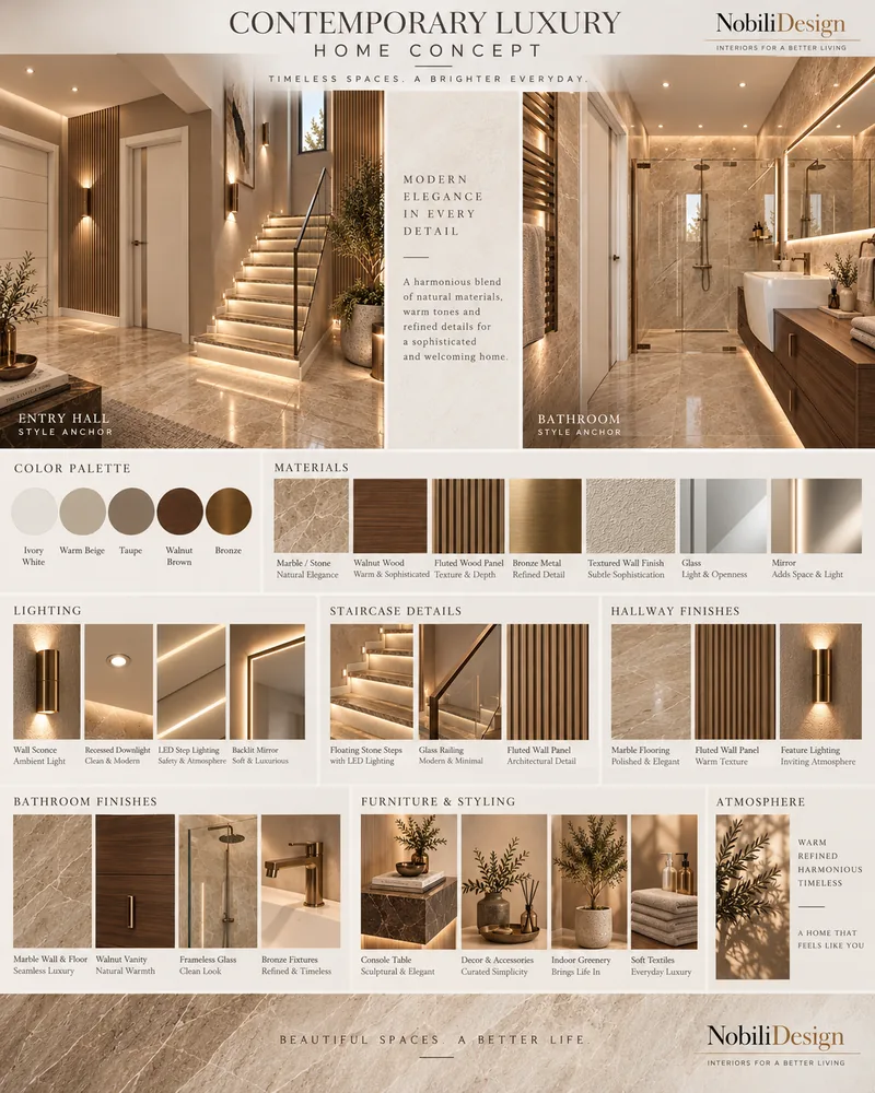 Home concept board for the entrance hall and bathroom with stone, walnut, fluted panel and bronze samples