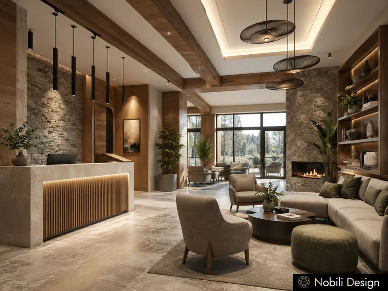 Mountain hotel reception with stone wall, lit timber desk, fireplace lounge and tall windows to the forest