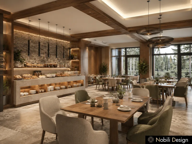 Hotel restaurant interior design with timber ceiling, stone wall and windows to the pine forest