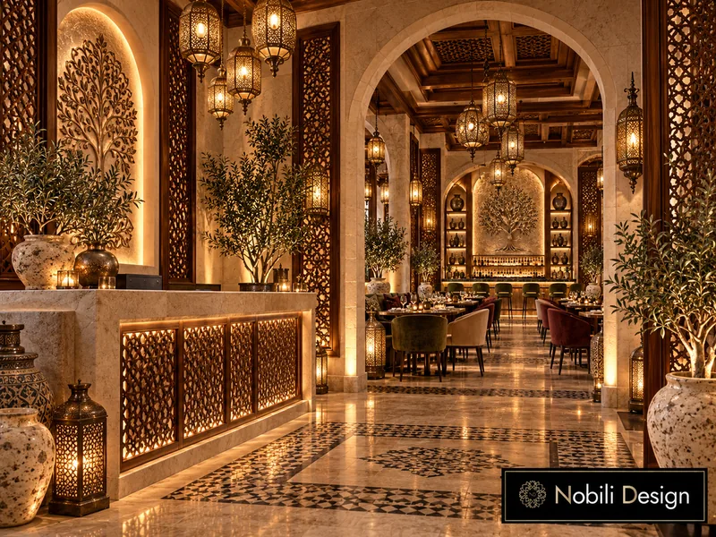 Restaurant entrance design with limestone counter, lit carved walnut panels and brass lanterns