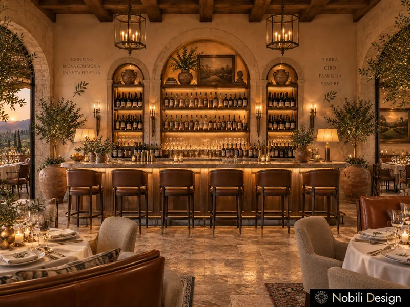 Rustic restaurant bar design in walnut with six leather stools and three arched wine niches
