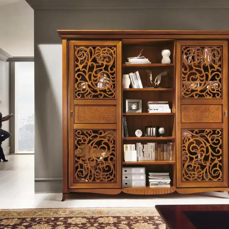 New Deco Bookcase, Sliding Fretwork Doors by Francesco Pasi, bookcase in solid cherry
