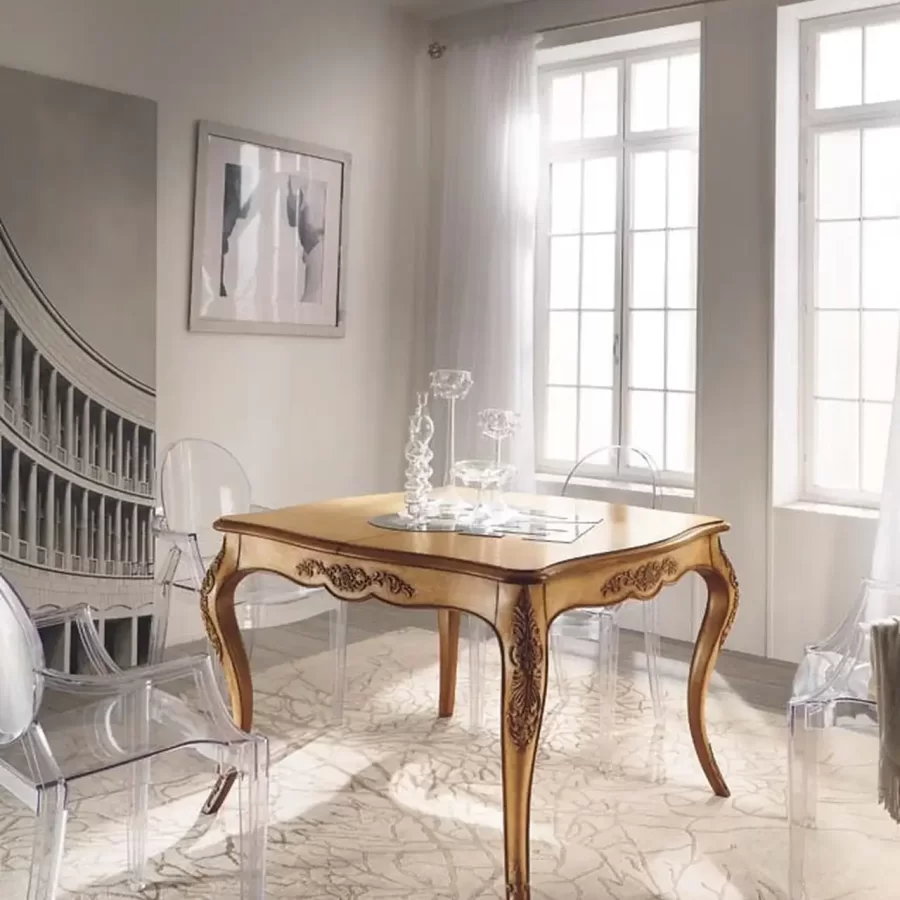 New Deco Hand-Carved Extending Table, Square by Francesco Pasi, classic dining room furniture, 112 to 162 cm wide