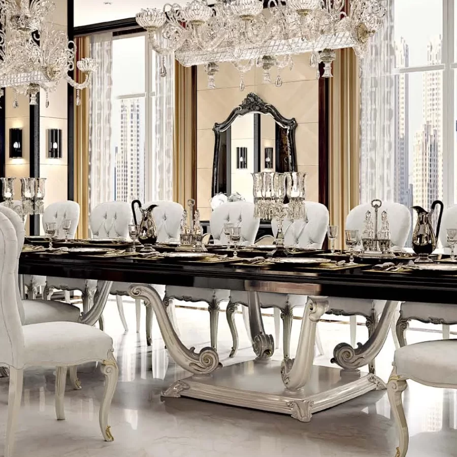 Opera Carved Extendable Rectangular Table with Two 50 cm Leaves, closed 500 cm by Francesco Pasi, formal dining table
