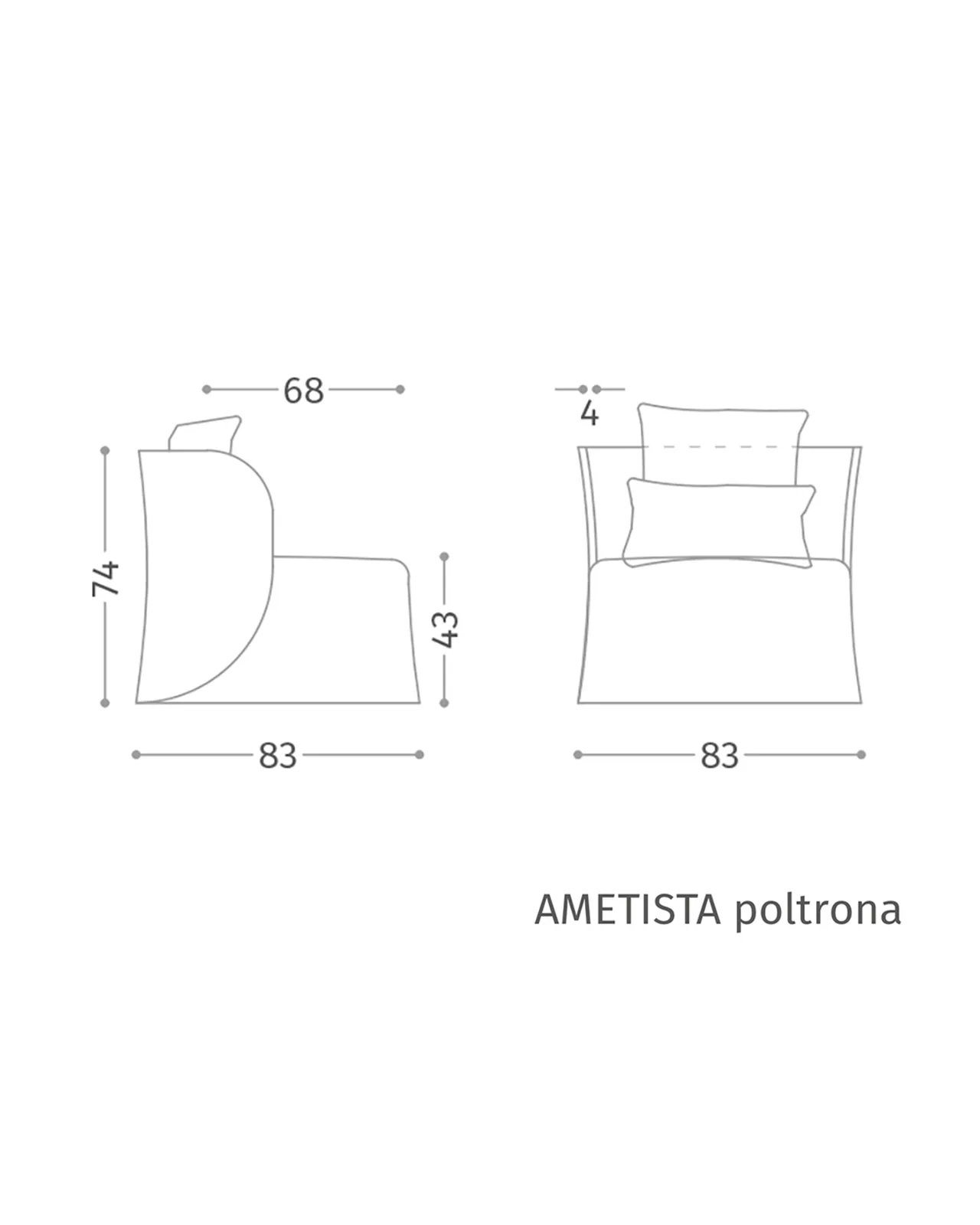 Poltrona Ametista di Epoque, collezione Exence, disegno tecnico della poltrona con dimensioni, foto 3 di 3
