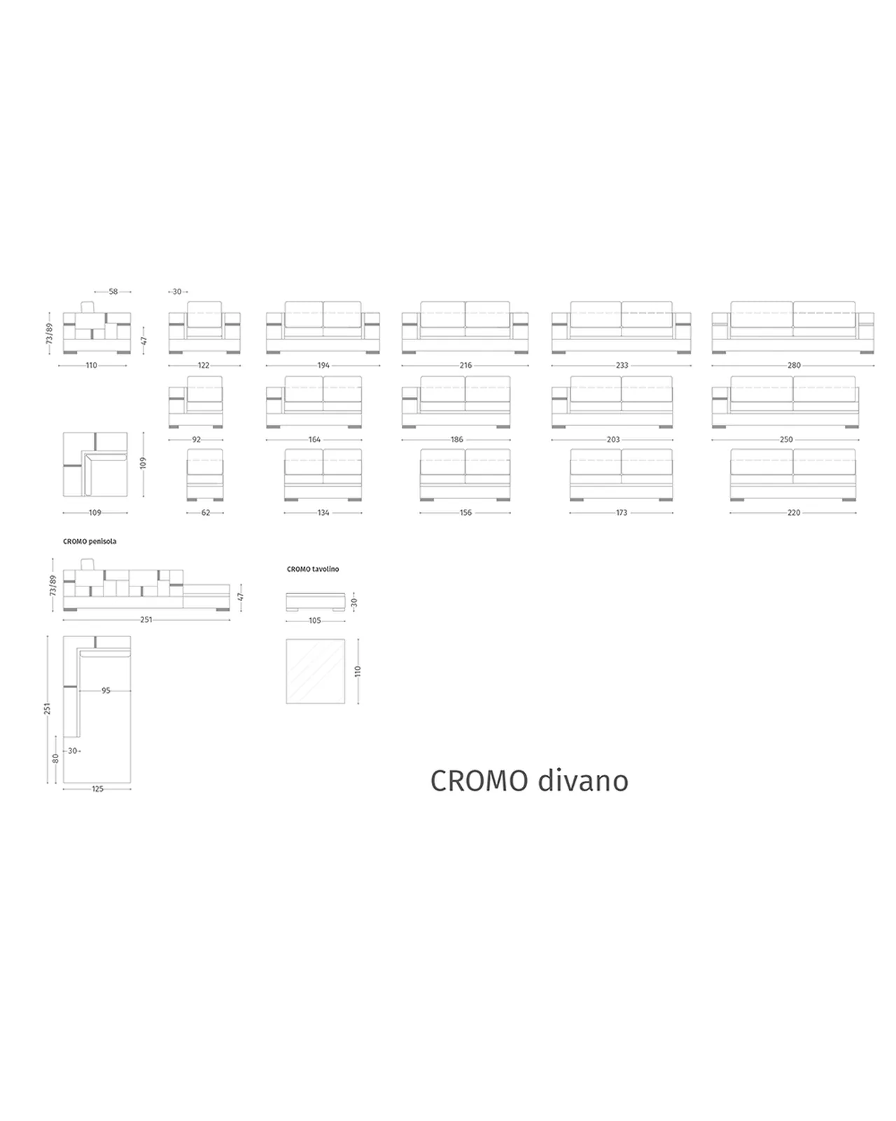 Cromo Sofa by Epoque, Exence collection, sofa technical drawing with dimensions, photo 7 of 7