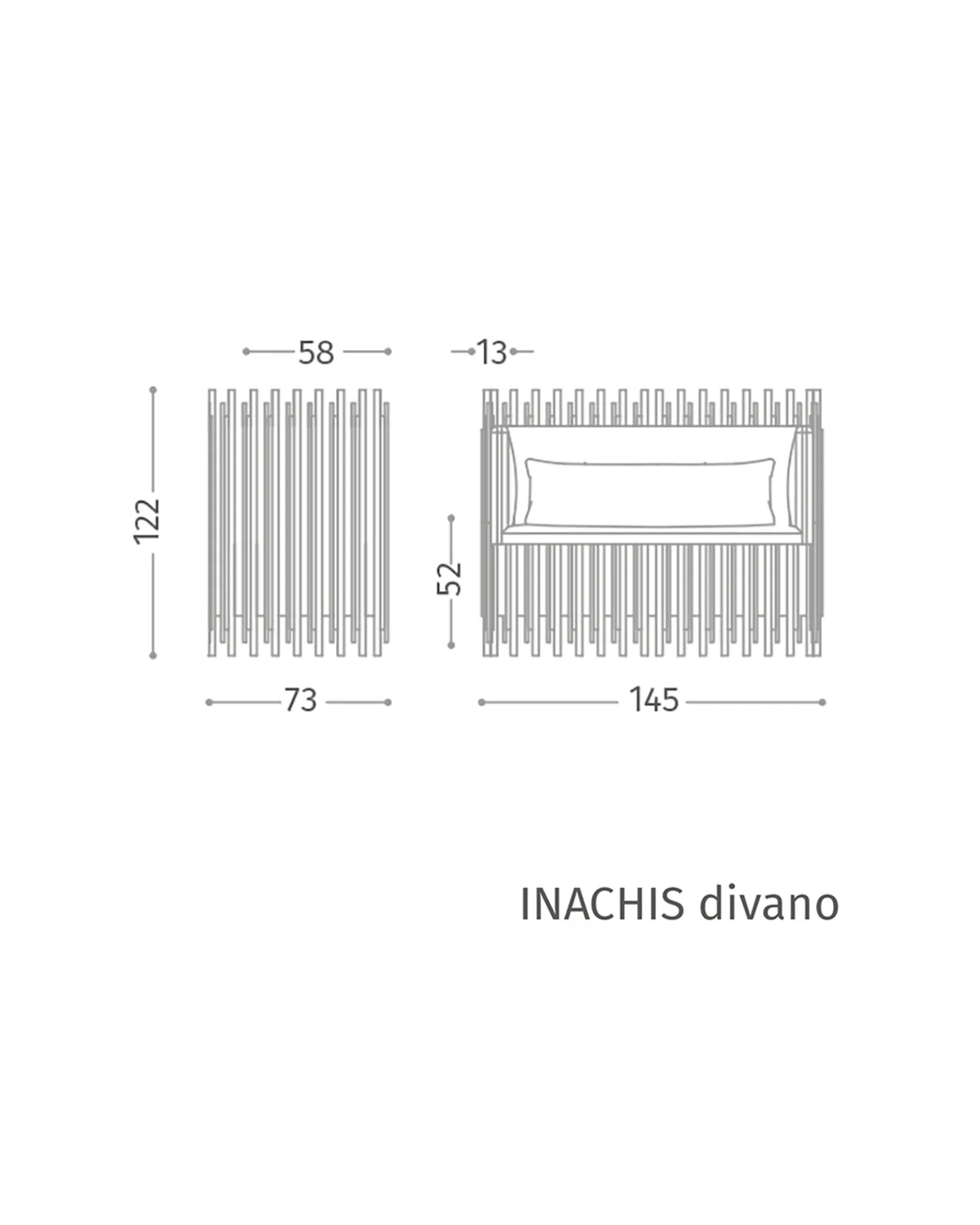 Divano Inachis di Epoque, collezione Exence, disegno tecnico del divano con dimensioni, foto 3 di 3