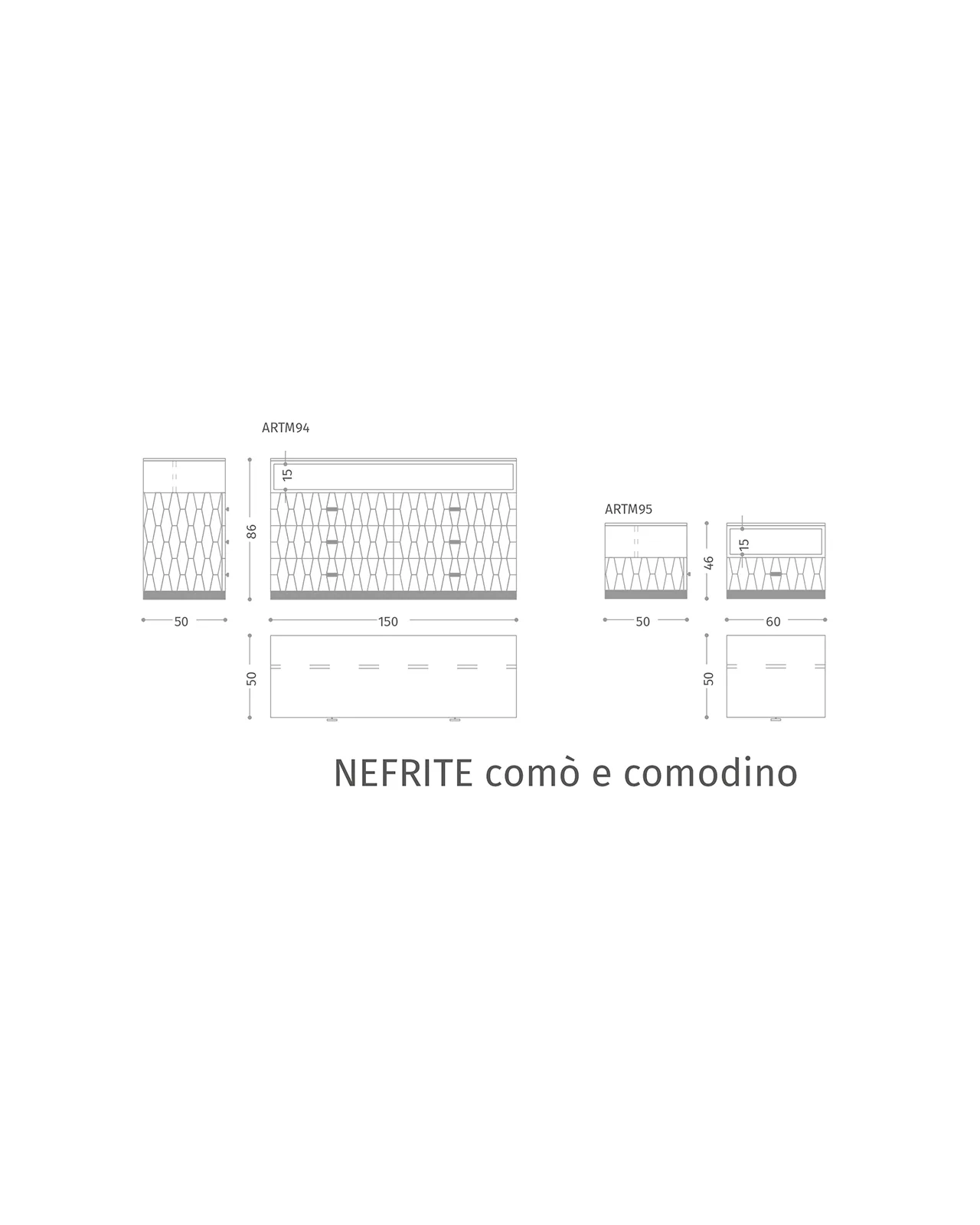 Nefrite Nightstand by Epoque, technical drawing with dimensions, photo 2 of 2, Nobili Design catalog