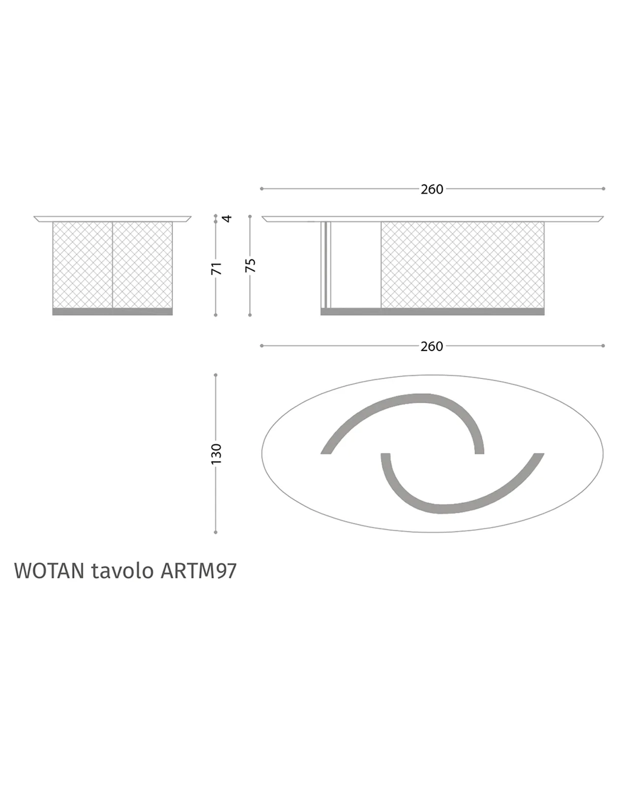 Tavolo da pranzo Wotan di Epoque, collezione Exence, disegno tecnico del tavolo da pranzo con dimensioni, foto 4 di 4
