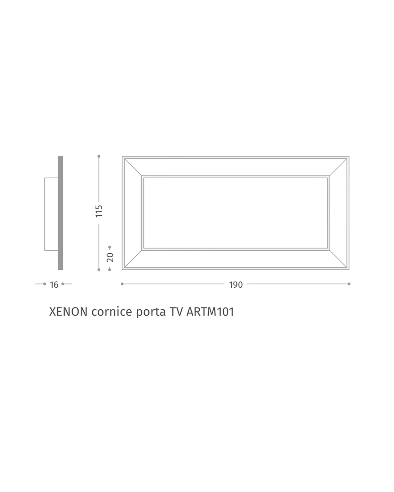 Cornice TV Xenon di Epoque, collezione Exence, disegno tecnico della Cornice TV con dimensioni, foto 3 di 3