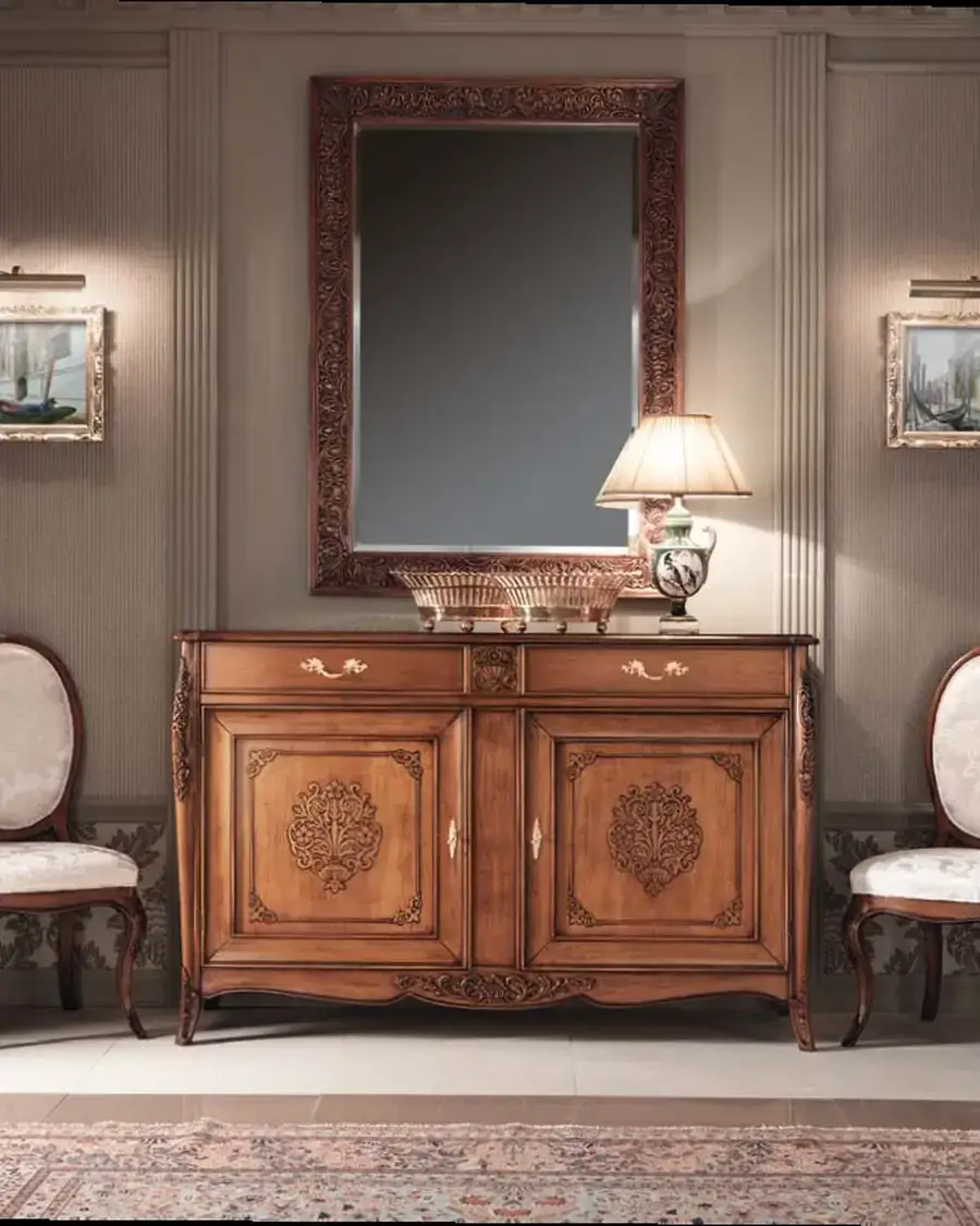 Gran Guardia Mirror 2100 by Francesco Pasi, hand-carved cherry furniture for the living room