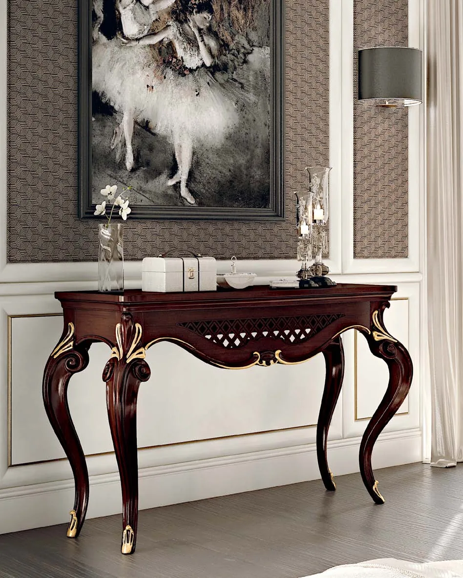 Opera Console with Marble Top, Living Room Furniture, in Cherry veneer on blockboard, Veneto classical Italian style, by Francesco Pasi