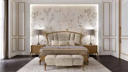 Letto imbottito per camera da letto moderna Ocean, comodino, mobili italiani per camera da letto