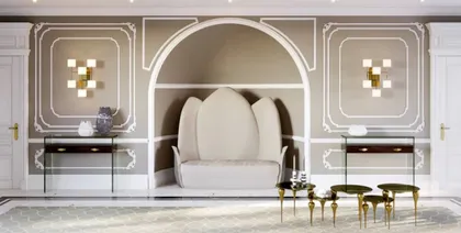 Panca alta di design Lotus rivestita in velluto di lusso, dall'ispirazione floreale unica, arredamento di lusso per il soggiorno