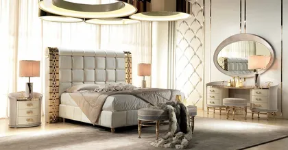 Camera da letto di lusso con Finiture oro, legno e pelle, Collezione Lilium, arredamento esclusivo