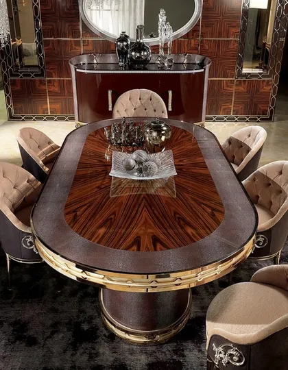 Oval Dining Table Wood Finish Polished Brown or White, Hand Painted Lilium Collection, Italian dining table