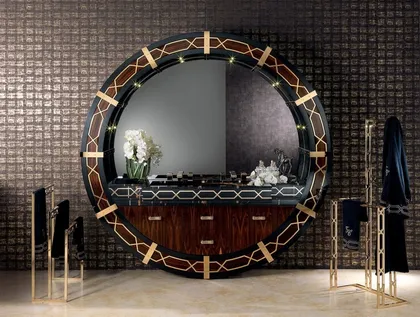 Round Bath Cabinet With Briarwood And Mirror With Marble Top And Wash Basin Lights Gold, organic modern bedroom furniture