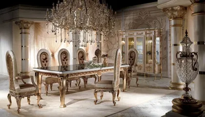 Poltrona in legno e tavolo da pranzo rettangolare, arredamento esclusivo