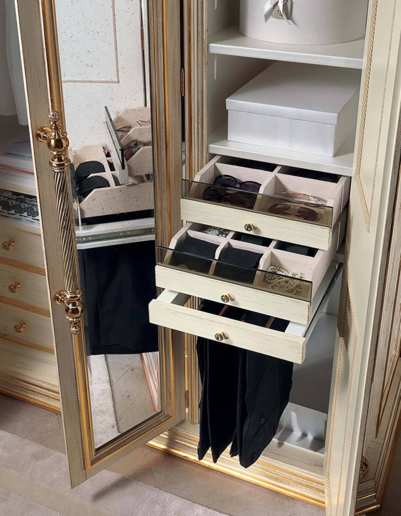 Aida bedroom detail in brass and wood, elegant bedroom furniture for a royal bedroom